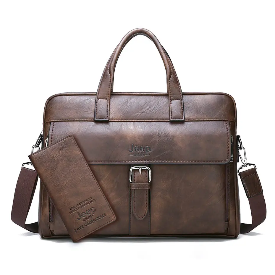 Set-Brown JEEP BULUO, новинка, мужской деловой портфель, сумка, высокое качество, дорожная сумка для мужчин, спилок, кожа, 14 дюймов, для ноутбука, сумки-мессенджеры - Цвет: Set-Brown