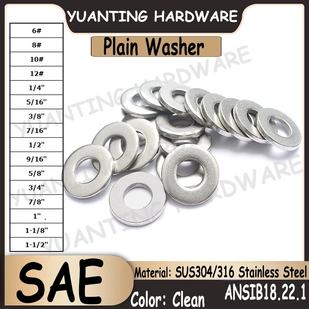 

1Piece-100Pcs 6# 8# 10# 12# ~ 1-1/2'' SUS304/SUS316 Stainless Steel Plain Washers SAE Standard ANSIB18.22.1 Plain Gasket Washers