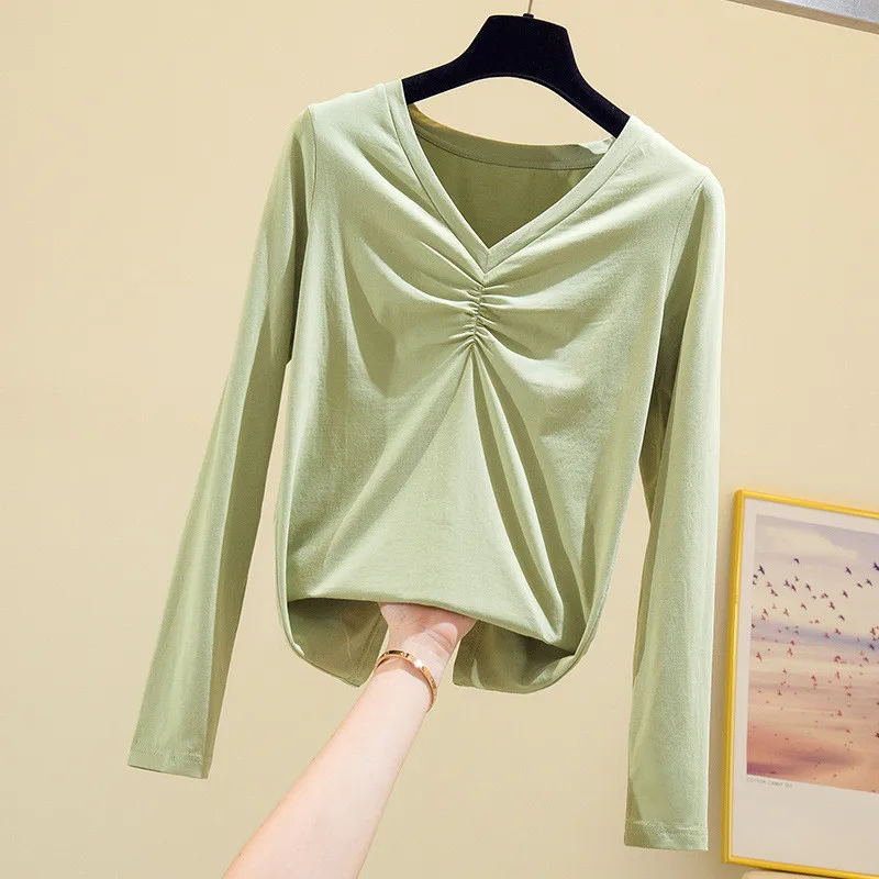 

2020 Autumn And Winter Women's T Shirt Fashion Simple Slim Long Sleeved Slim Fashion All Match Bottoming Shirt V Neck Top C442