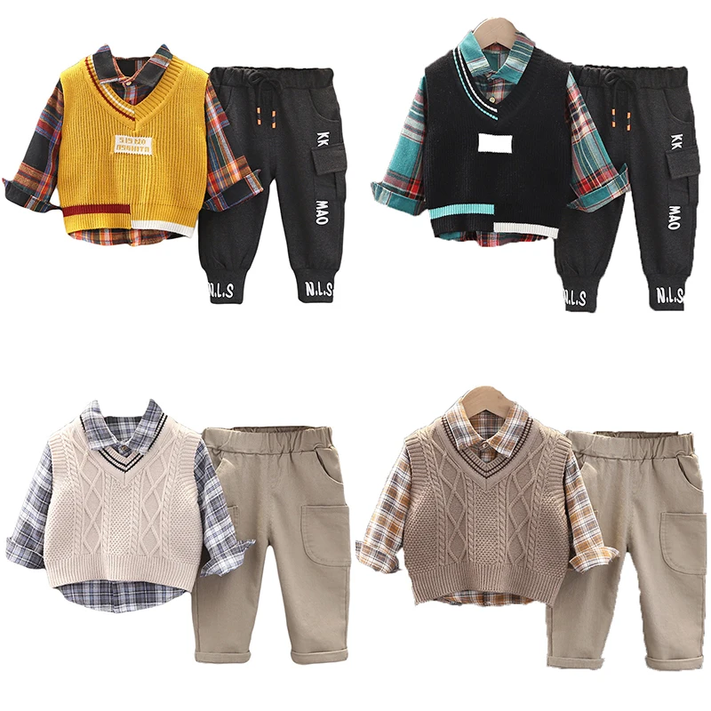 

Boys' Suit 2021 New Children's Sweater Three Piece Sweater Vest + Shirt + Casual Pants Toddler Boy Clothes