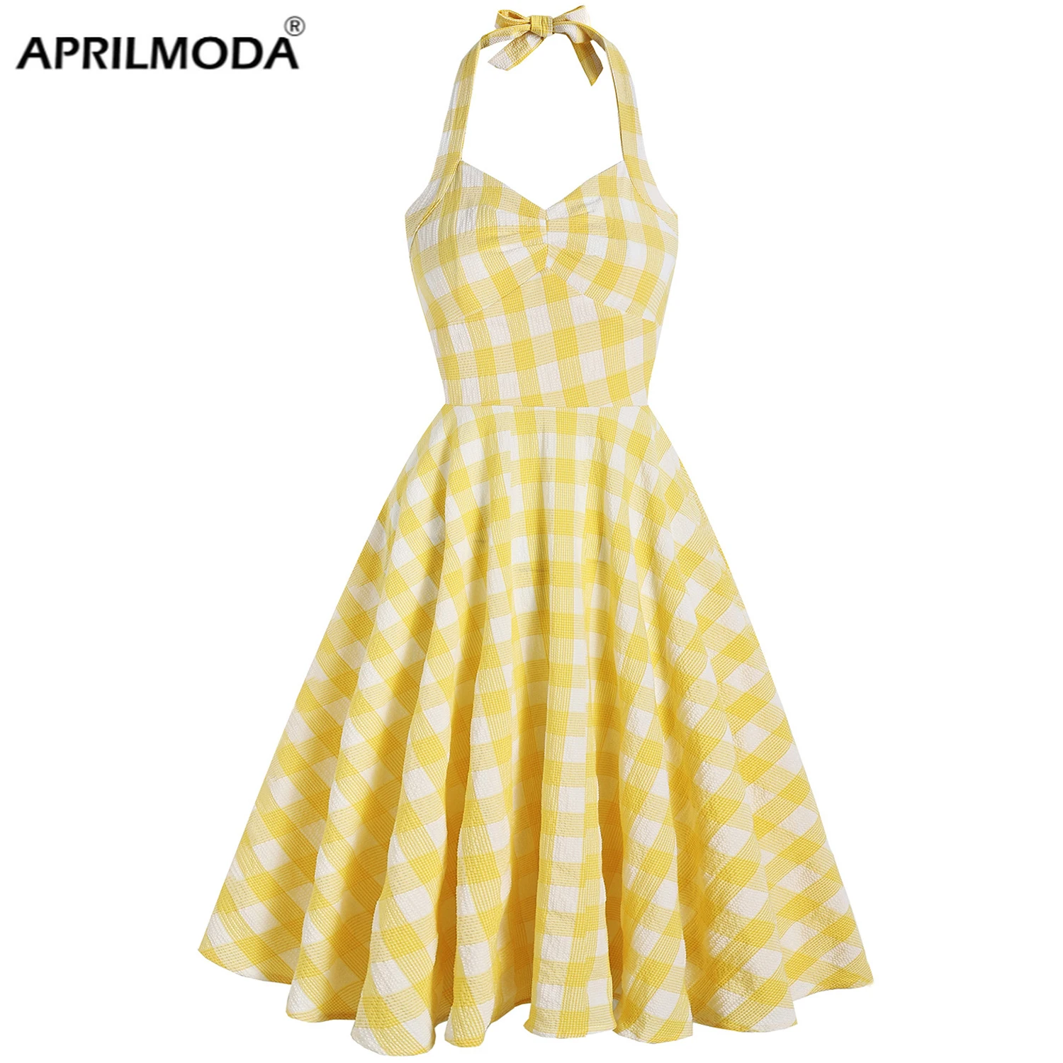 

2021 England Style Yellow Plaid Halter Women Party Dress Backless Retro Vintage 50s 60s Short Pin Up Swing Rockabilly Sundress