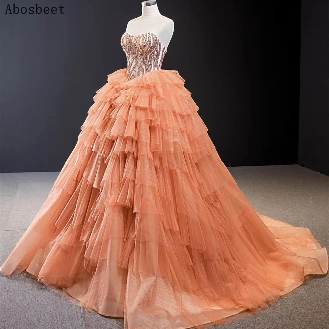 Shining Beading Ball Gown Evening Dress 2021 Puffy Gown Court Train Elegant Sweetheart Neck Orange Long Formal Evening Prom Gown