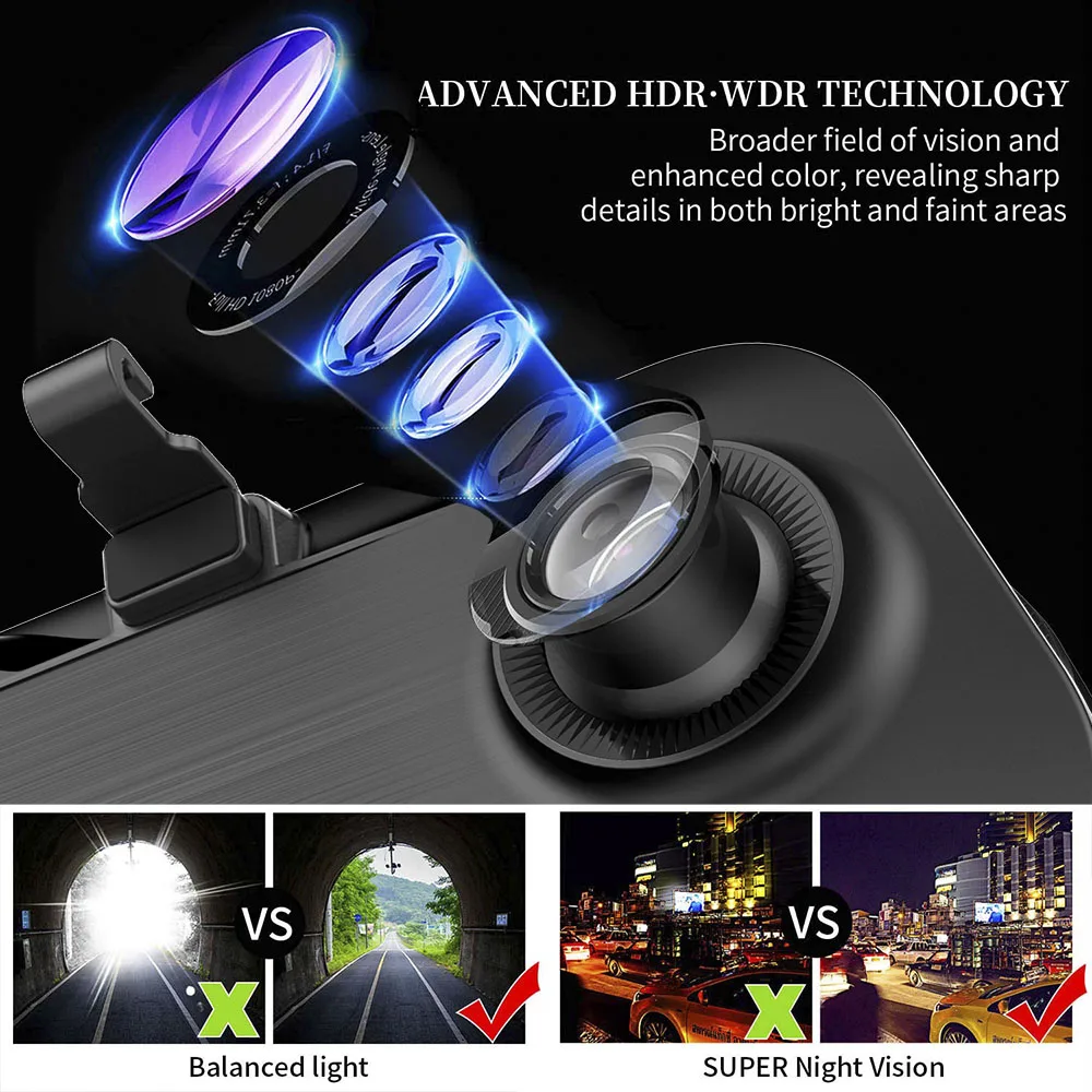 12-дюймовый автомобильный видеорегистратор заднего вида Камера зеркало 2K Dash FHD 1080P