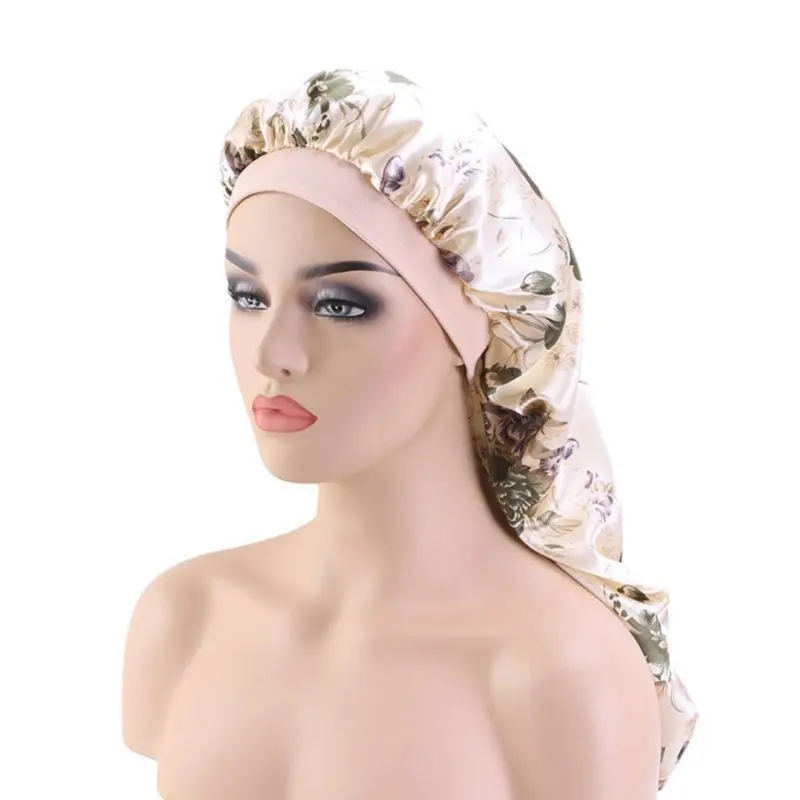Женская сверхдлинная Атласная шапочка для сна цветная Цветочная эластичная
