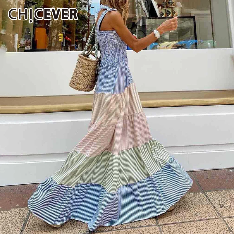 

CHICEVER Loose Dress For Women Square Collar Sleeveless High Waist Patchwork Hit Color Ruched Floor Length Dresses Females 2021