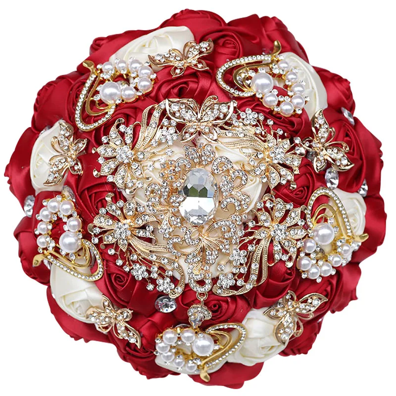 New American Bride Bridesmaid Bouquet Wine Red Rhinestone Ribbon Rose Handmade Brooch Wedding Bouquets Props W796