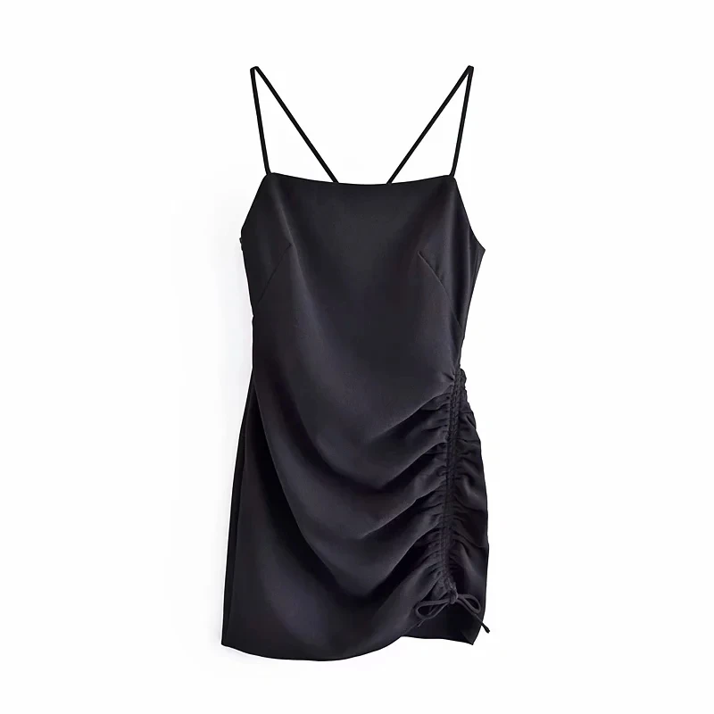 

ZA Women fashion draped mini dress Female straight neck back cross thin straps side pleat adjustable ties Summer short dresses