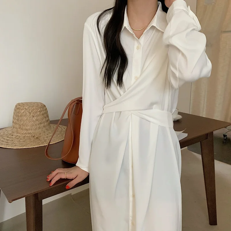 

Spring Women'S Korean 2021 New Fashion Lapel Long Bandage Shirt Dress Elegant Single Breasted Full Sleeve Mid-Length Dress