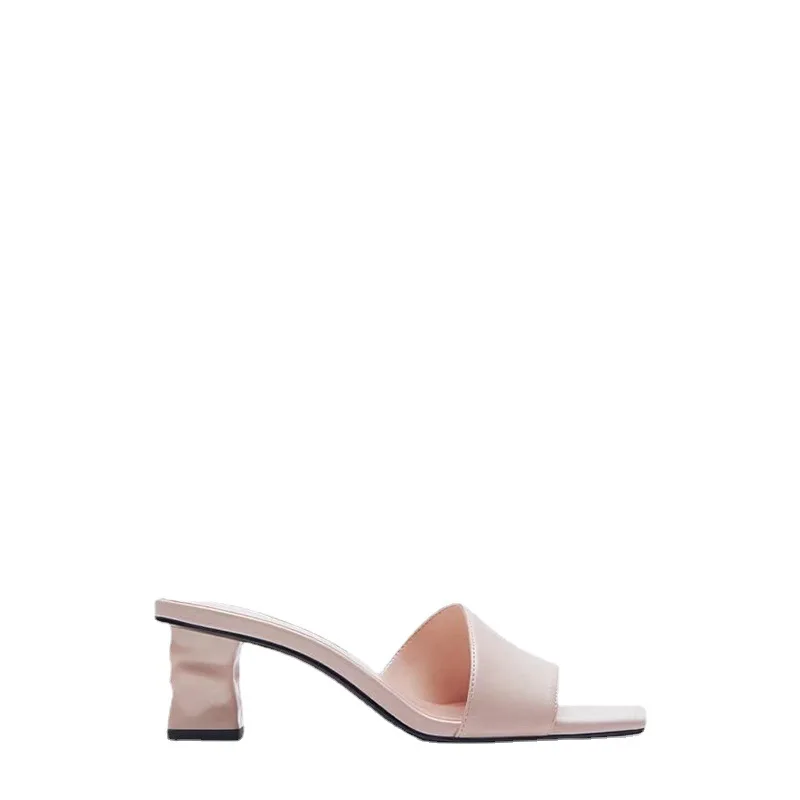 

Shoes Woman 2021 Slippers Heels Square heel Pink Slides Rubber Flip Flops Female Mule Fashion Beige Heeled Sandals Pantofle Plat