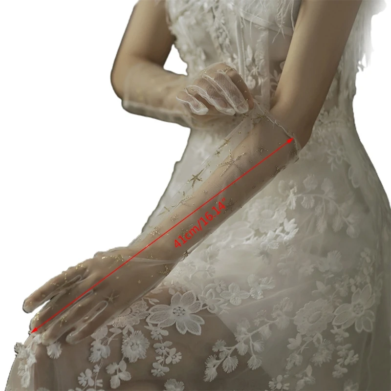 

Women Tulle Elbow Long Wedding Gloves Solid Color Sheer Vintage Opera Mittens 87HC