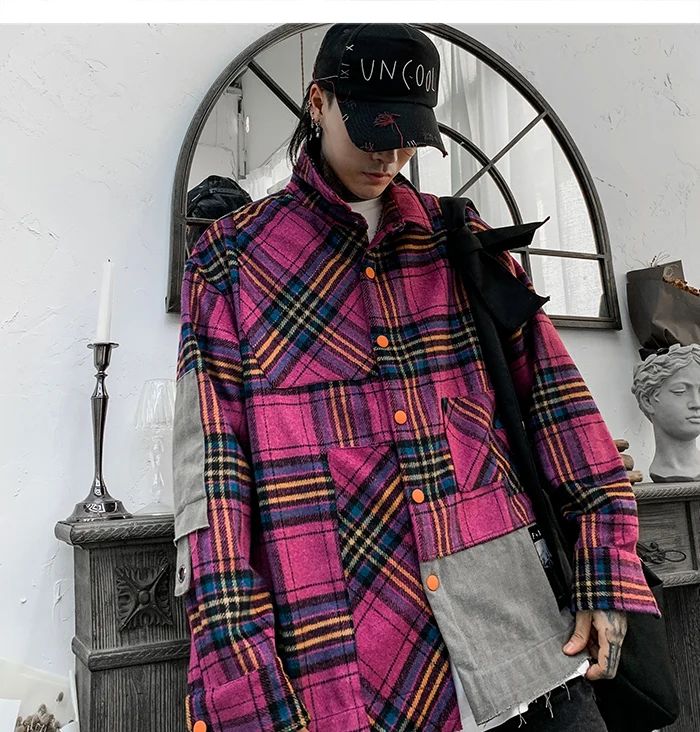 Aelfric Eden клетчатая рубашка мужская повседневная Лоскутная плотная Harajuku топы уличная Мужская рубашка с длинным рукавом клетчатые рубашки хип-хоп