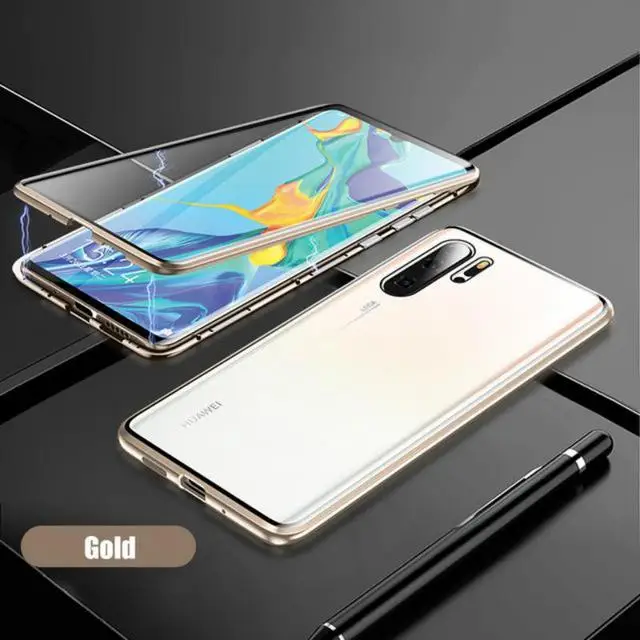 360 полная защита двухсторонний стеклянный чехол для телефона huawei P30 Pro P30 P30 Lite магнитный металлический изогнутый защитный чехол для экрана - Цвет: Золотой