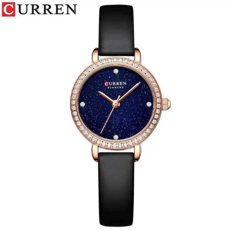 

Модные роскошные женские часы CURREN, кварцевые часы со звездным небом и циферблатом 2021, женские наручные часы Стразы с кожаным ремешком