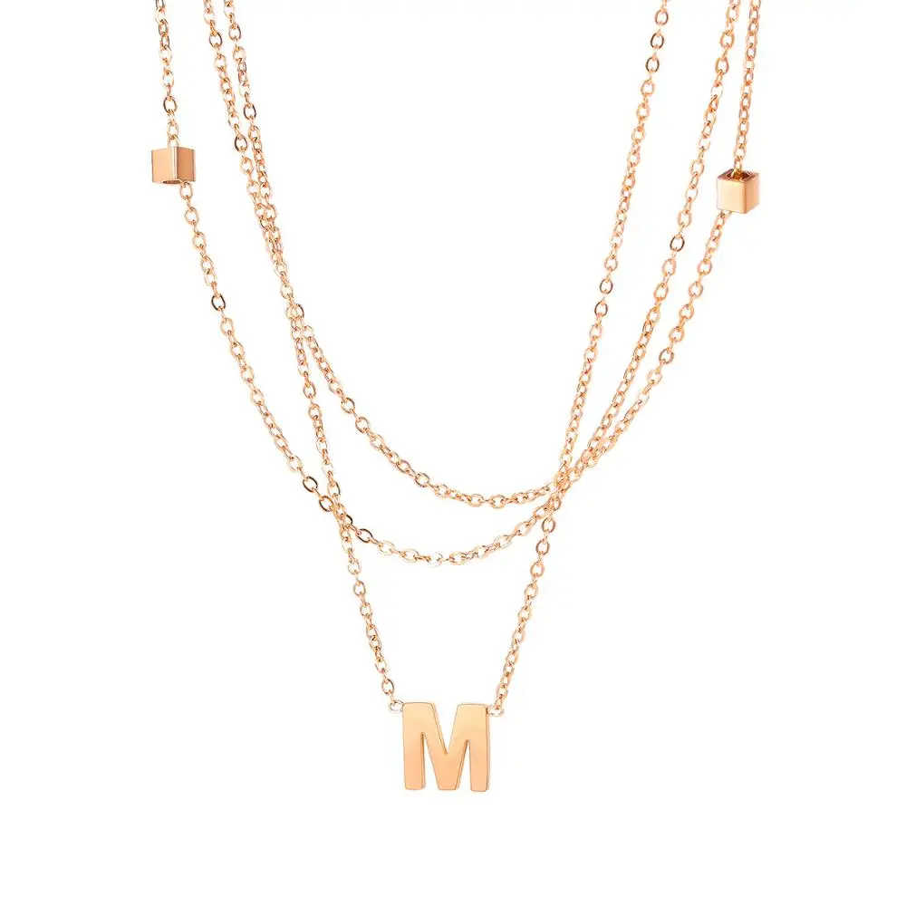 

Fashion Layered Choker Necklace Stainless Steel Rose Gold Color Cube Letter M Multi-layer Pendant Chain Jewelry for Women