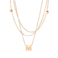 fashion layered choker necklace stainless steel rose gold color cube letter m multi layer pendant chain jewelry for women