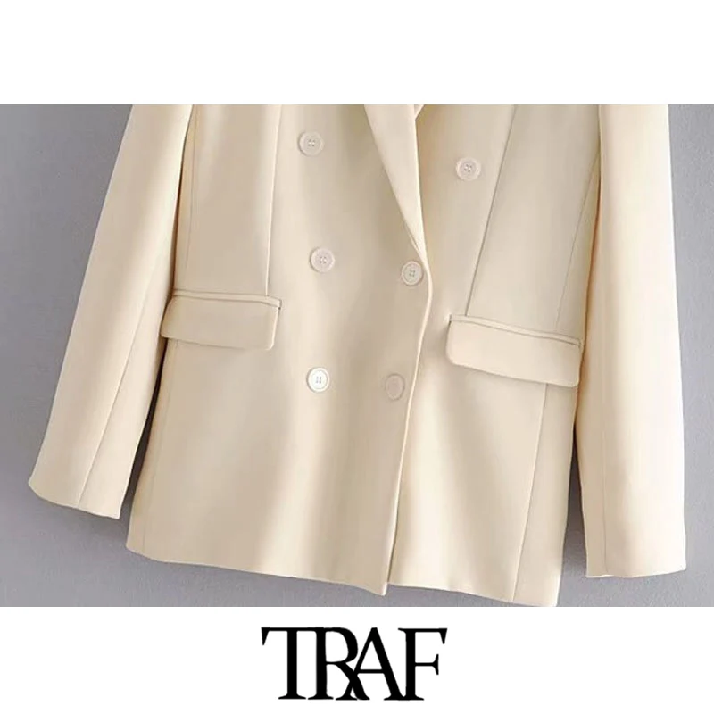

TRAF Women Fashion Office Wear Double Breasted Blazer Coat Vintage Long Sleeve Pockets Female Outerwear Chic Tops