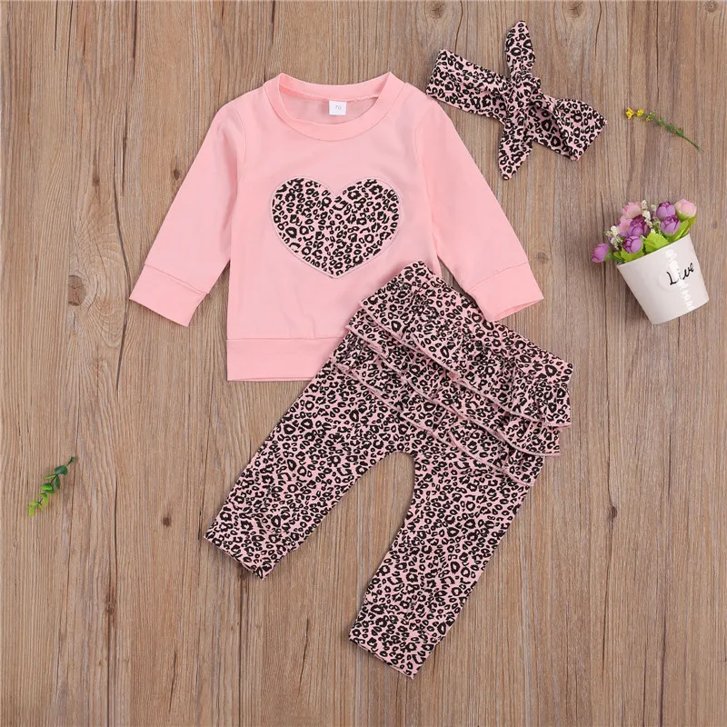 

0-18M Newborn Baby Girl Outfits Heart Leopard Print Long Sleeve Tops Pullover Ruffle Trim Elastic Waist Leopard Pants Fall Set