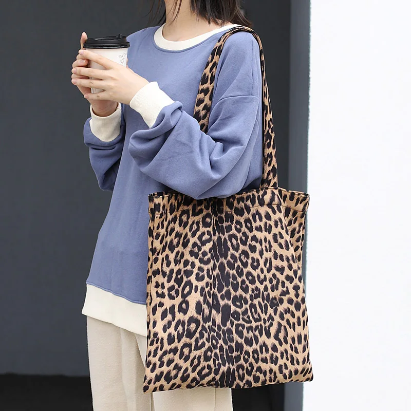 

Fashion Leopard Print Women's Bag Autumn Winter Tote Handbag Casual Canvas Shoulder Bag Simple Reusable Shopping Bag ECO