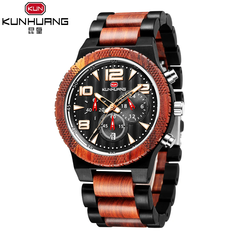 Watches Men Wood Business Luxury Stop Watch Color Optional with Wood Stainless Steel Band Relogio Masculino Male quartz Clock