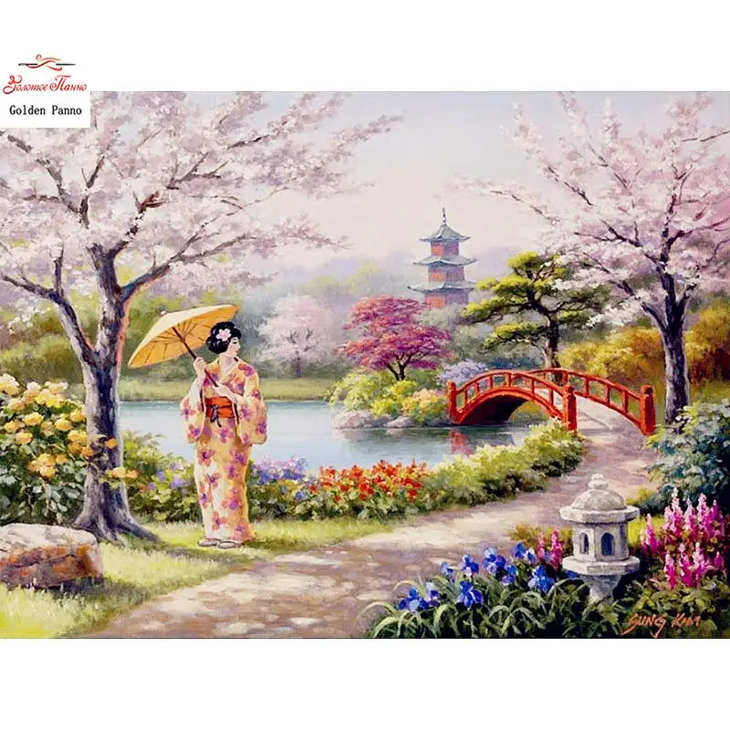 Diamante Bordado Paisagem Diamante Mosaico Quadrado Diamante Pintura Chinesa Strass Menina Japonesa