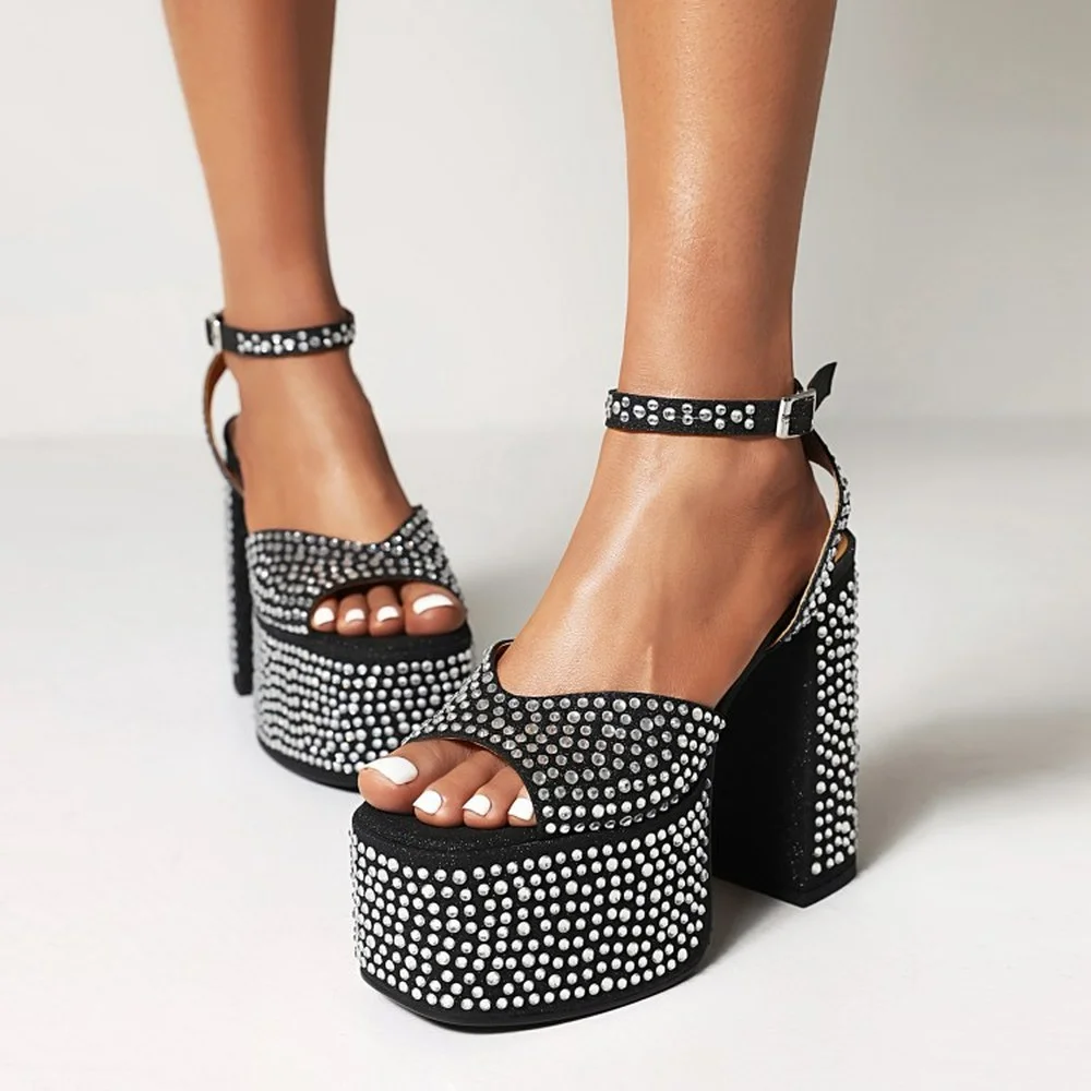 

Womens Peep Toe Rhinestones Crystal Platform Block Super 14CM High Heel Shoes Sandals Slingbacks Gladiator Plus Size New 2022
