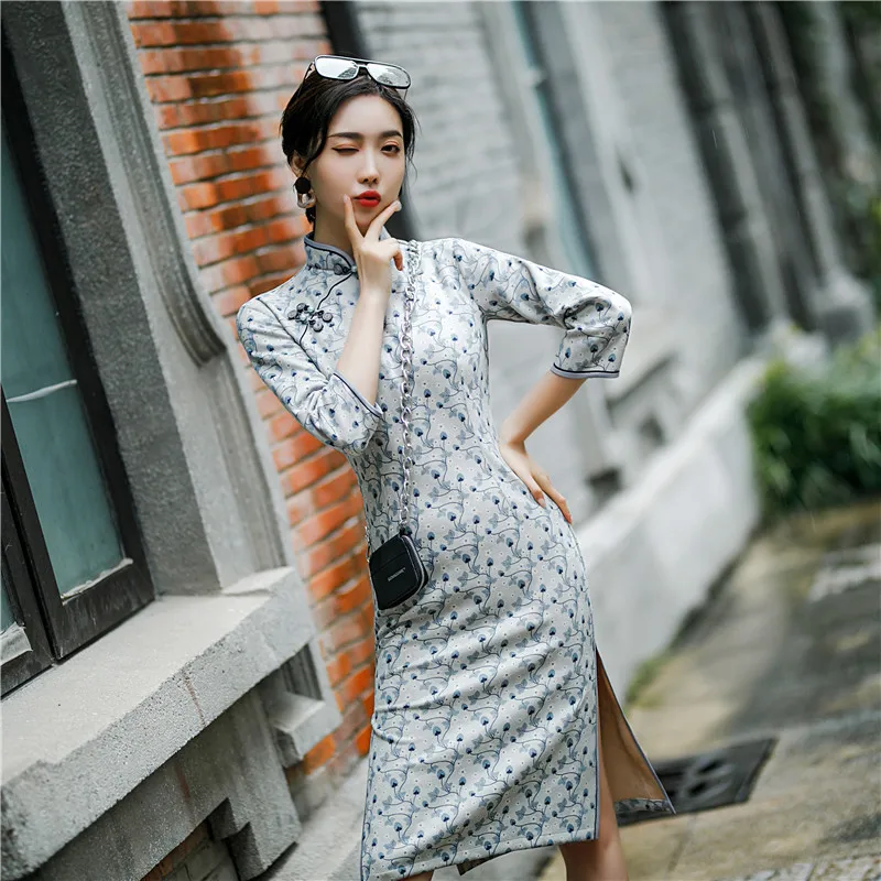 

Sexy Tight Women Cheongsam Vintage Half Sleeve Chinese Dress Classic Mandarin Collar Qipao Elegant Print Flower Vestidos 3XL 4XL