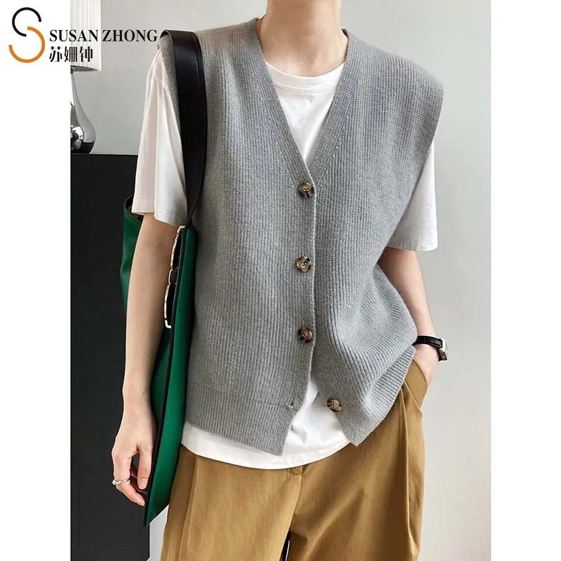 

Woman Sweater Autumn Female Knit Vest Fall Waistcoat New Elegant Vintage V-Neck Sleeveless Tops Korean Fashion Single Breasted