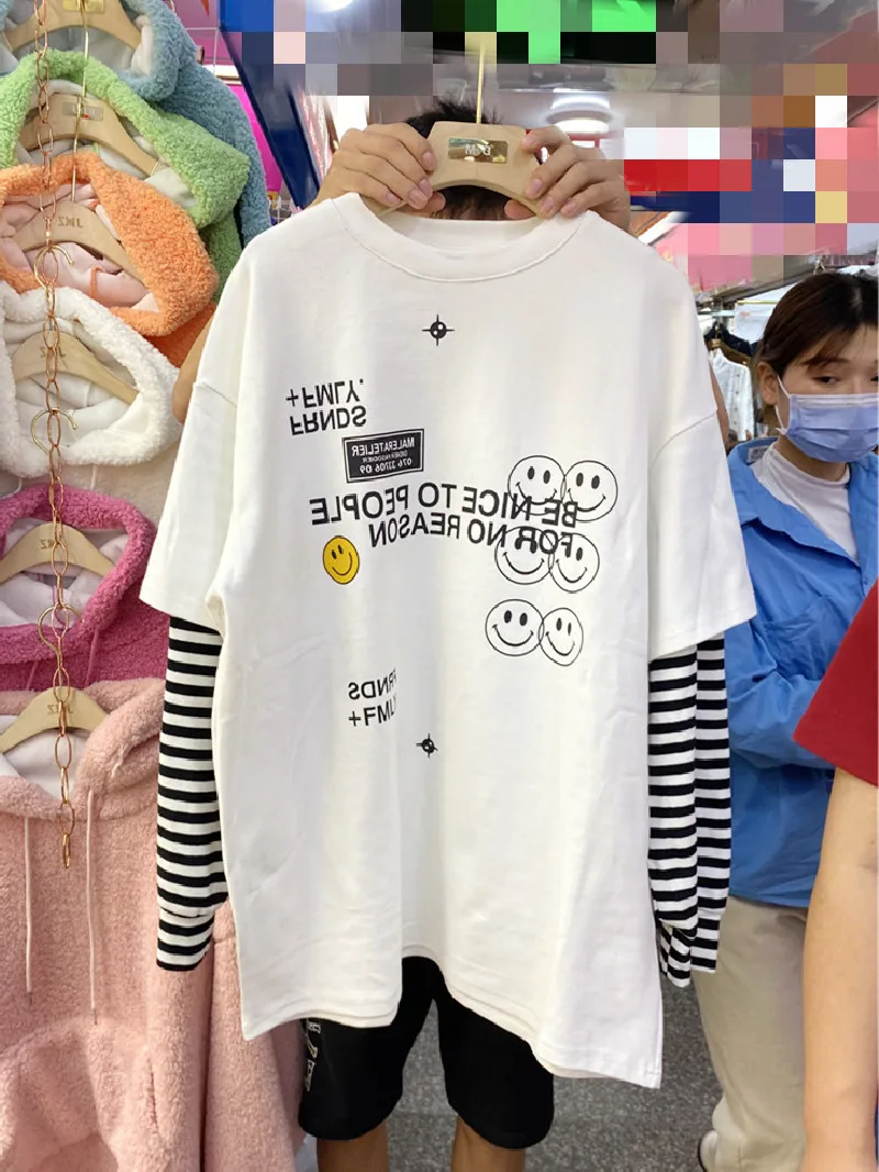 

Футболка женская весенне-осенне-зимняя свободная одежда имитация двух корейских модных студентов с длинным рукавом Нижнее пальто