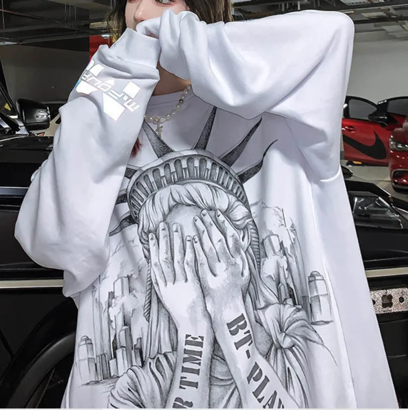 

Осенние Женские Светоотражающие толстовки в винтажном стиле Харадзюку С буквенным принтом, повседневный свободный Женский пуловер с длинным рукавом, топ, уличная одежда, Свитшот