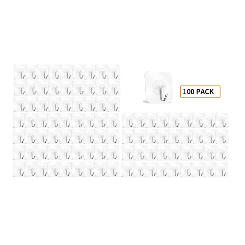 

100Pcs Wall Hook,Storage Rack Kitchen Without Nails Transparent Strong Sticky Heavy Adhesive Stainless Steel Wall Hooks