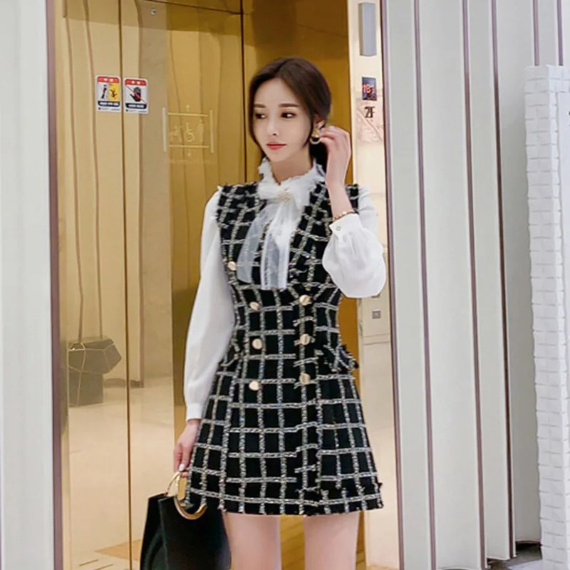 Женский твидовый комплект из 2 предметов рубашка с воротником бантом со стразами