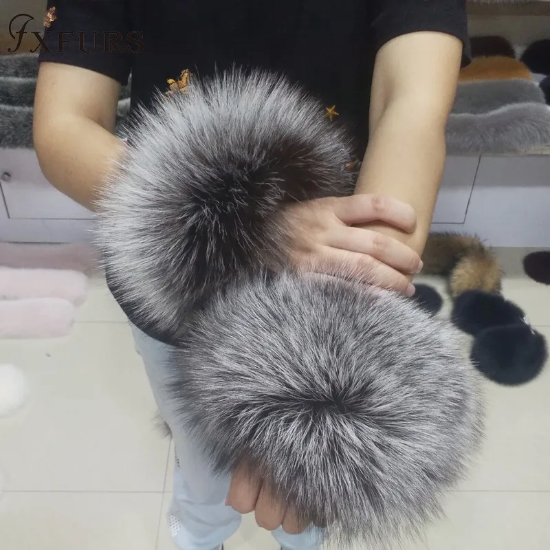 silver fox fur Настоящие женские настоящие манжеты из лисьего меха ручная одежда из меха енота манжета женский браслет рука теплые украшения браслет рукав - Цвет: silver fox fur