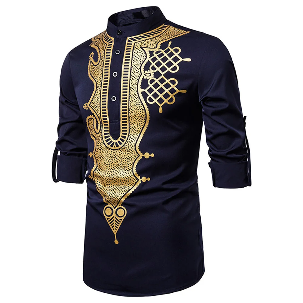 

2021 New Men's Casual Fashion Bronzing Shirt Totem Printing Long Muslim Solid Color Stand-up Collar Long Sleeve