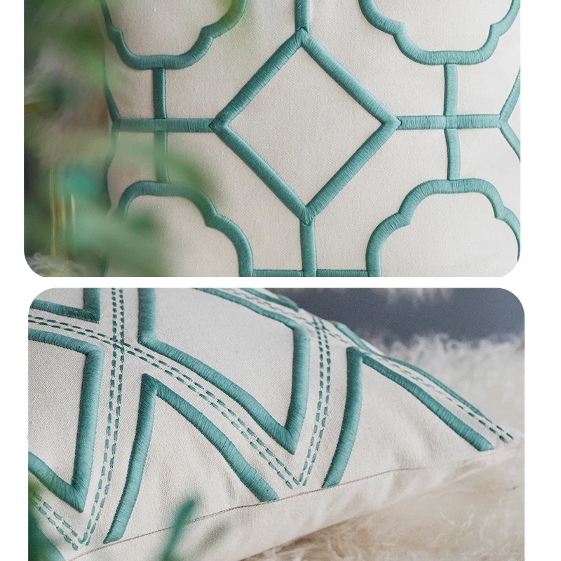 Наволочка с геометрической вышивкой синяя желтая белая темно-синяя домашняя