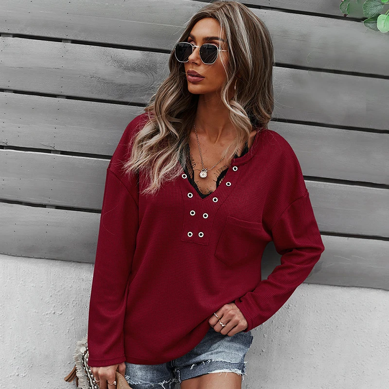 

Fashionable Daily V-neck Pullover Women's 2021 Spring/Autumn Knit Pocket Plus Size Top Casual Solid Color Harajuku T shirt.