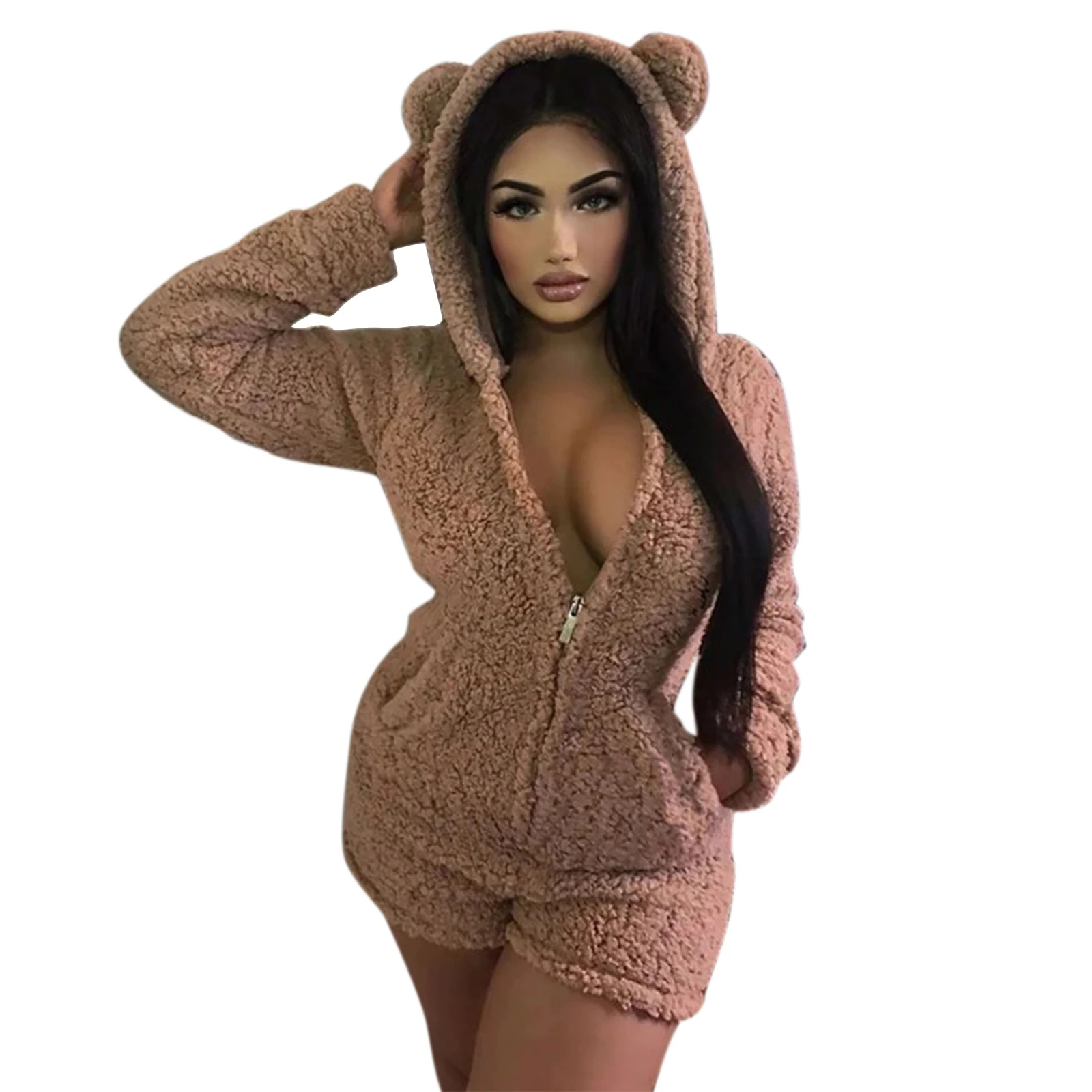 Женские милые сексуальные однотонные плюшевые комбинезоны с капюшоном