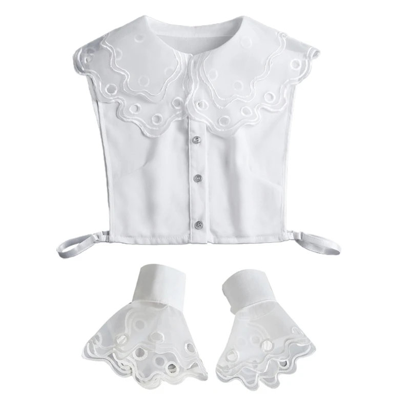 

Women Large Lapel Fake Collar with Sleeve Lace Cuffs Wristband Set Hollow Out Lace Detachable Half Shirt Horn False Collar Cuffs