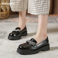 kalsooni autumn pumps women shoes with metal chain british style round toe middle thick heel loafers