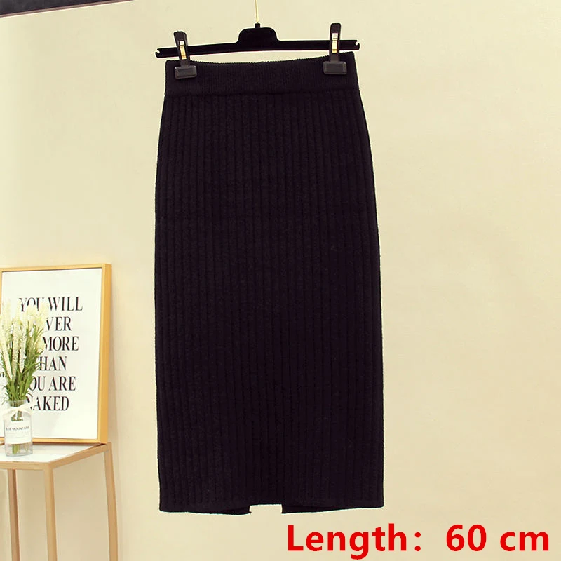 black-length 60cm 60-70 см эластичные женские юбки осень зима теплая трикотажная прямая юбка ребристая юбка средней длины черная - Цвет: black-length 60cm