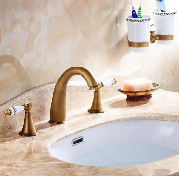 Античный латунный смеситель с 3 отверстиями для ванной комнаты раковина стиль