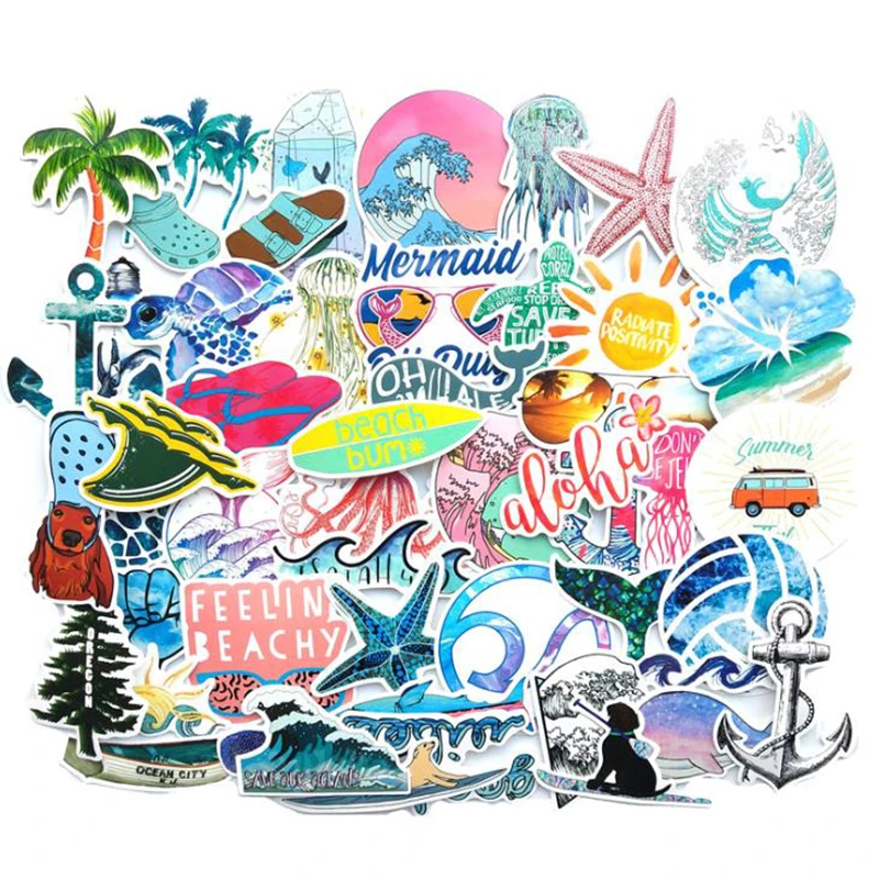 

50pcs Summer Beach Stickers Waterproof Surfing Sea Turtle Decals For Laptop Fridge Skateboard Suitcase Girl Cartoon Sticker