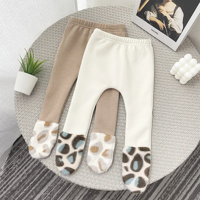 

Ins Baby Leopard Print Stitched Plush Bottomed Pantyhose Pantyhose Autumn Winter Baby Girl Leggings Winter Pants for Kids