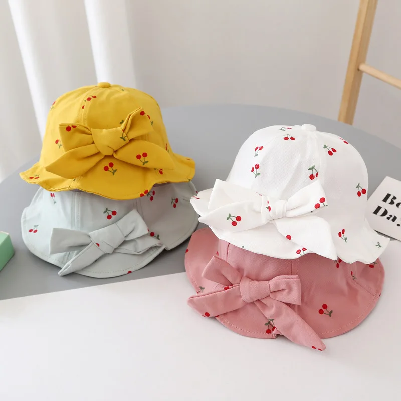 Summer Cherry Print Brim Kids Sun Hat Bowknot Baby Girls Bucket Hat Soft Cotton Outdoor Toddler Children Beach Panama Cap
