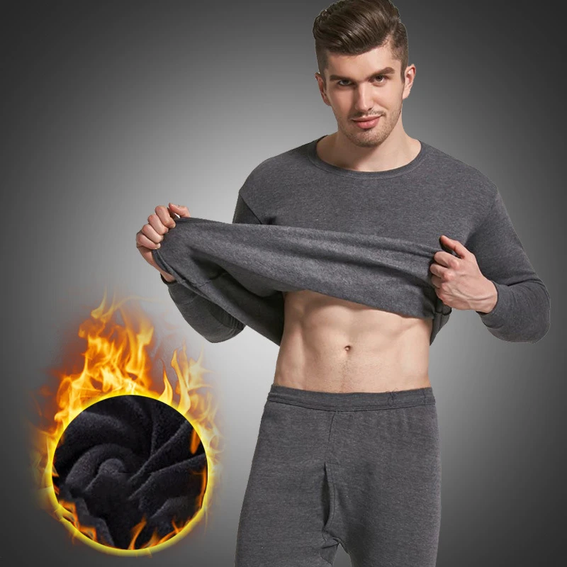 

Men's Thermal Underwear Set Winter Long-Sleeved Tousers Two-Piece Solid Color Plus Velvet Thickening Slim Thermal Underwear Set