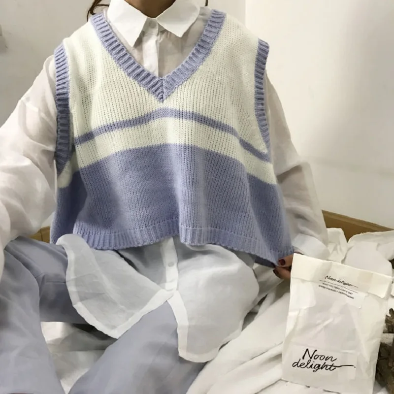 

Sweater Vest Women Striped Loose Preppy Sleeveless V-neck Sweaters Students Korean Style Autumn Winter Outwear Retro Knitted