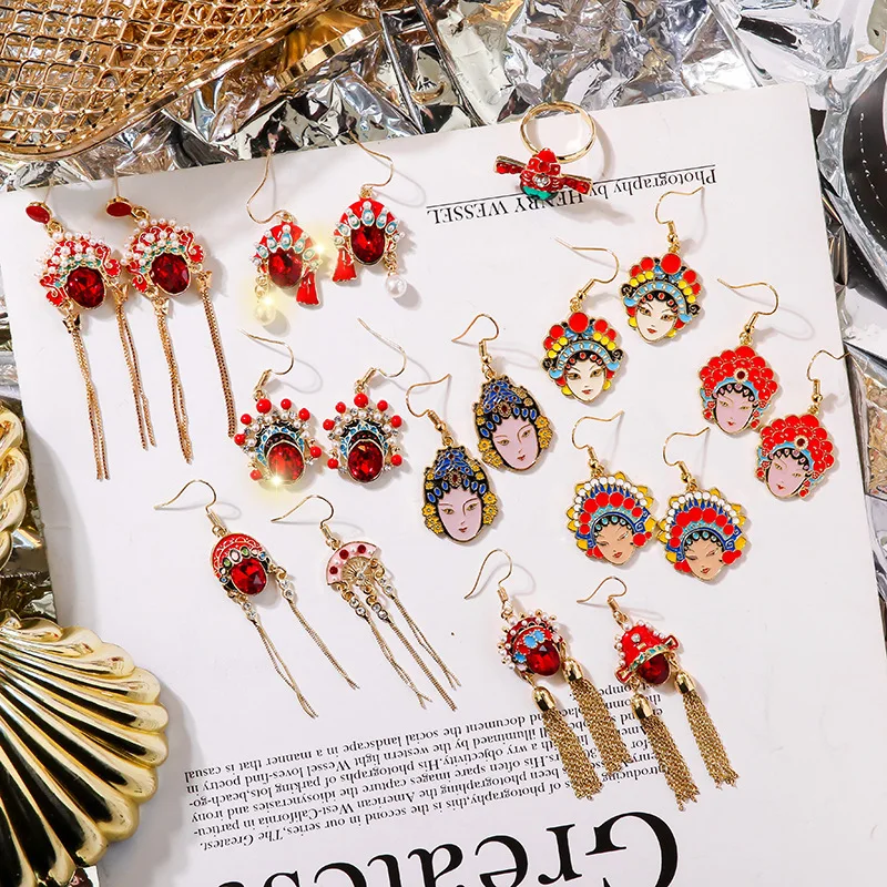 Пекинская Опера лица этические свисающие серьги для женщин Красный уход за кожей