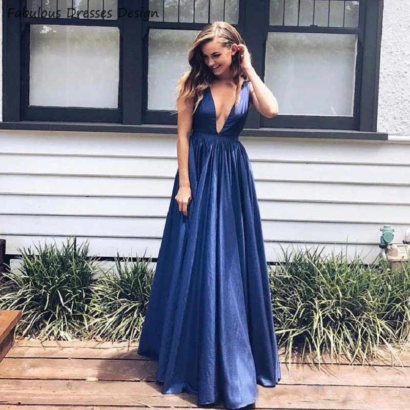 

Sexy V Neck Backless Prom Dresses Long Blue A Line 2020 платье Sweep Train Cheap Evening Dress Party For Women