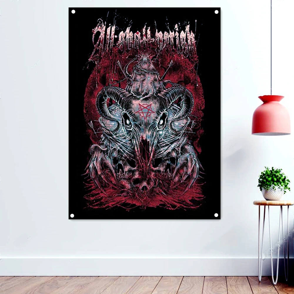 

Shofar skull Death Metal Music Artworks Banners Four Metal Buckle Bloody Dark Art Flags Wall Chart Rock Band Posters Home Decor