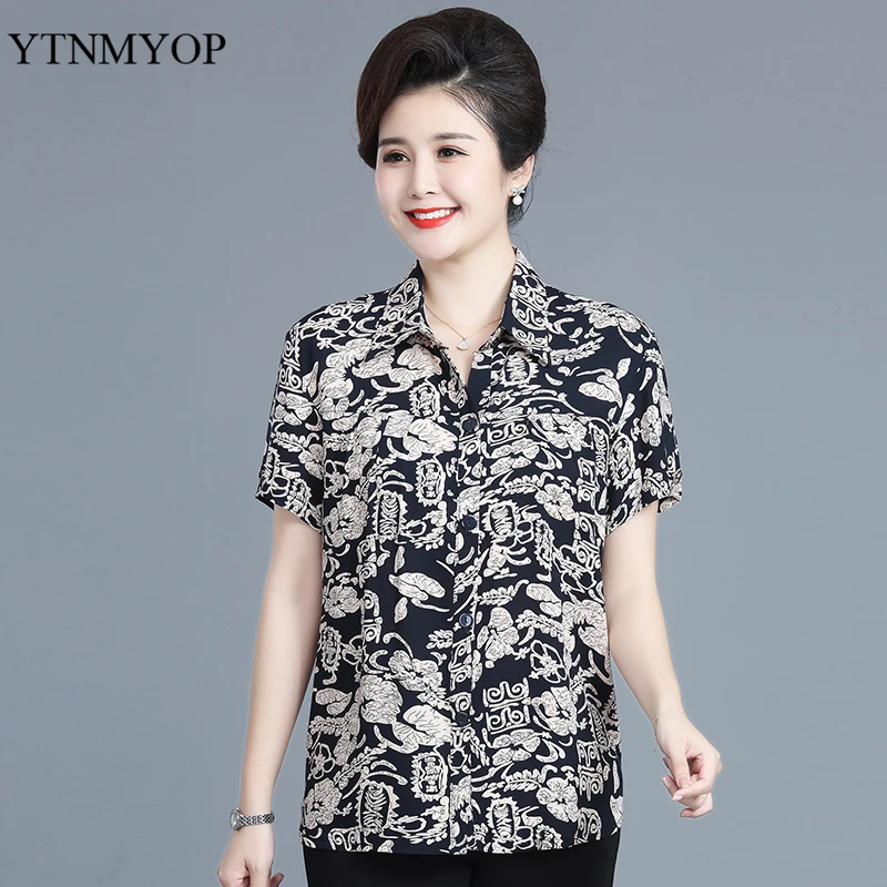 Summer Blouse Women Print Silk Imitation Fashion Cool Blouse Loose Lady Shirts 35-65 Years Old Tops Outerwear YTNMYOP