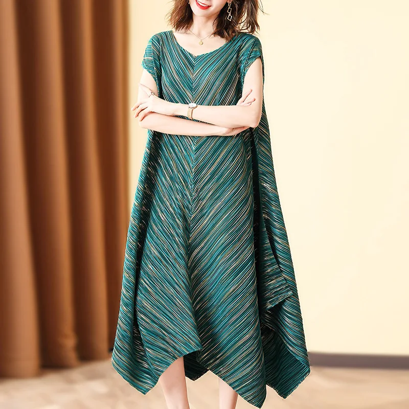 

Plus Size Dress For Women 45-75kg Miyake Pleated Summer 2020 New Fashion Big Stretch Loose Casual IrregulDress For Women 45-75KG